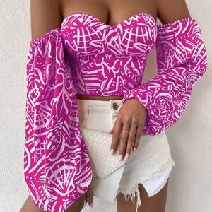 Allover Print Off Shoulder
Lantern Sleeve Bustier Crop Top